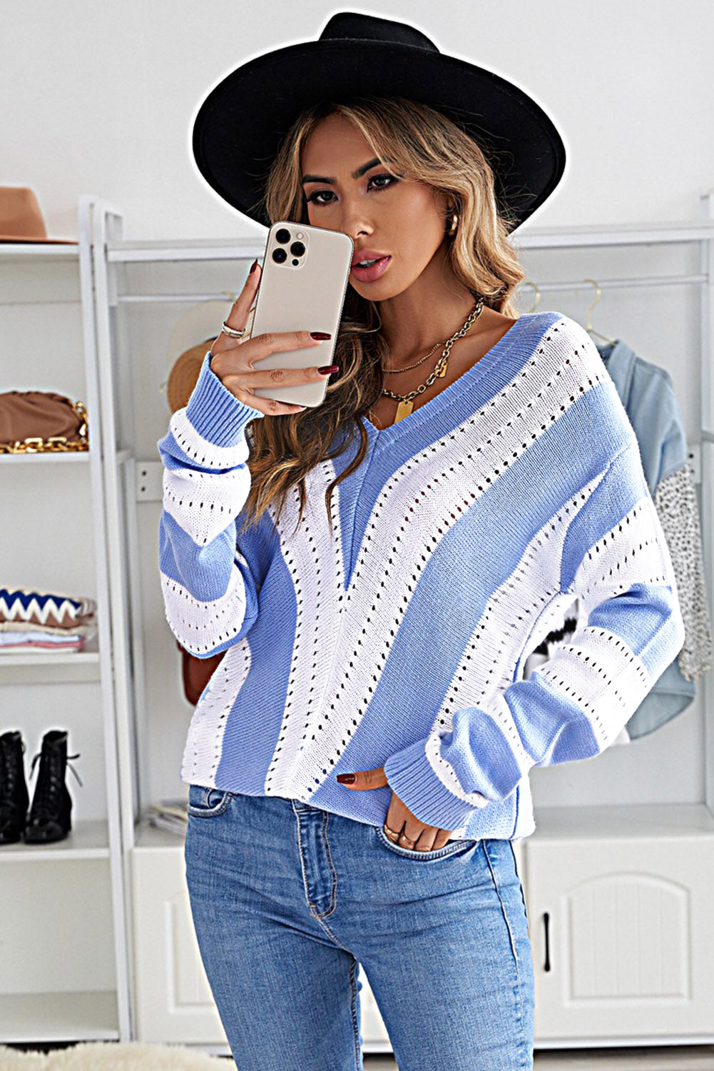 Striped Colorblock V Neck Knitted Sweater