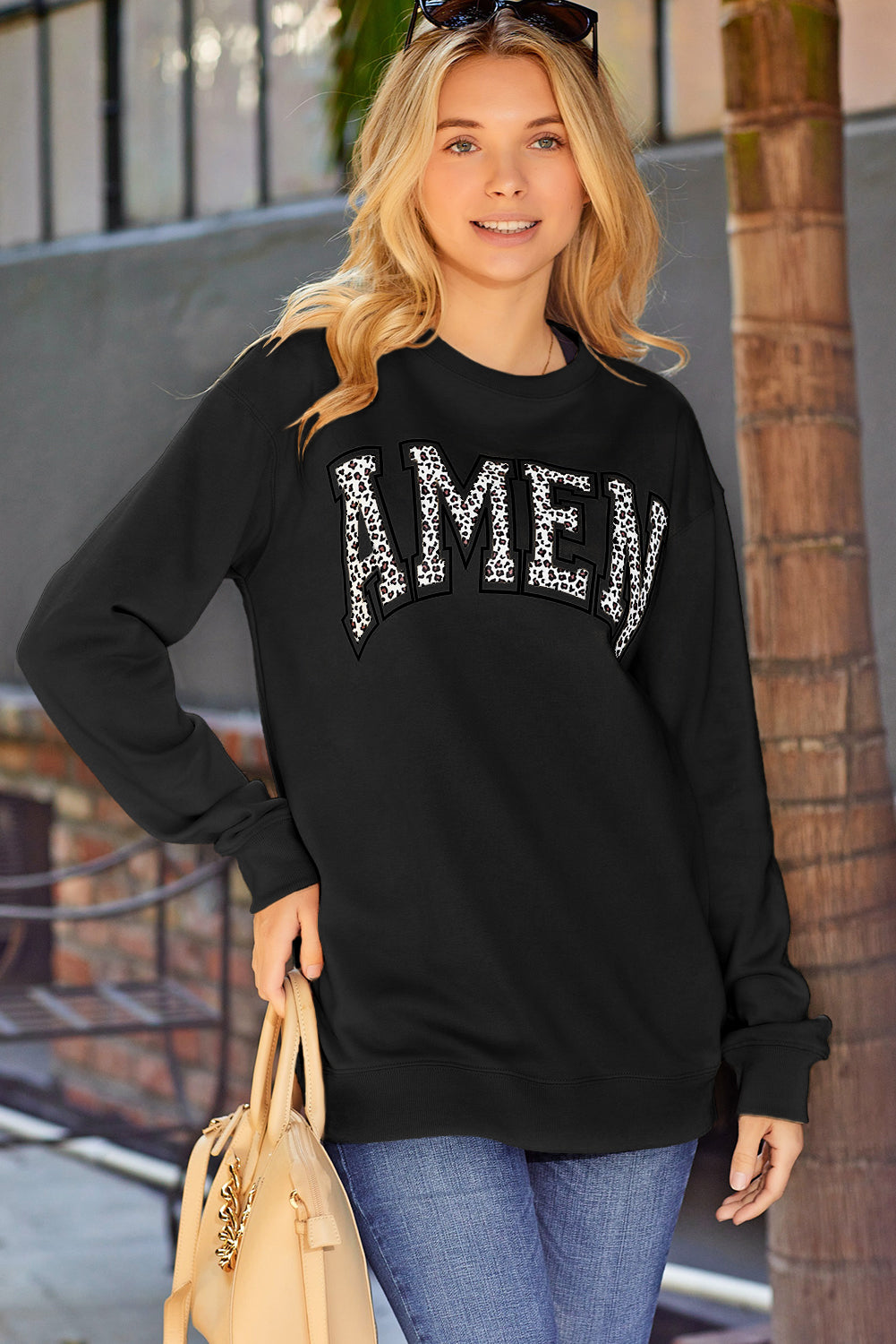 Khaki Amen Leopard Letter Print Oversized Pullover Sweatshirt