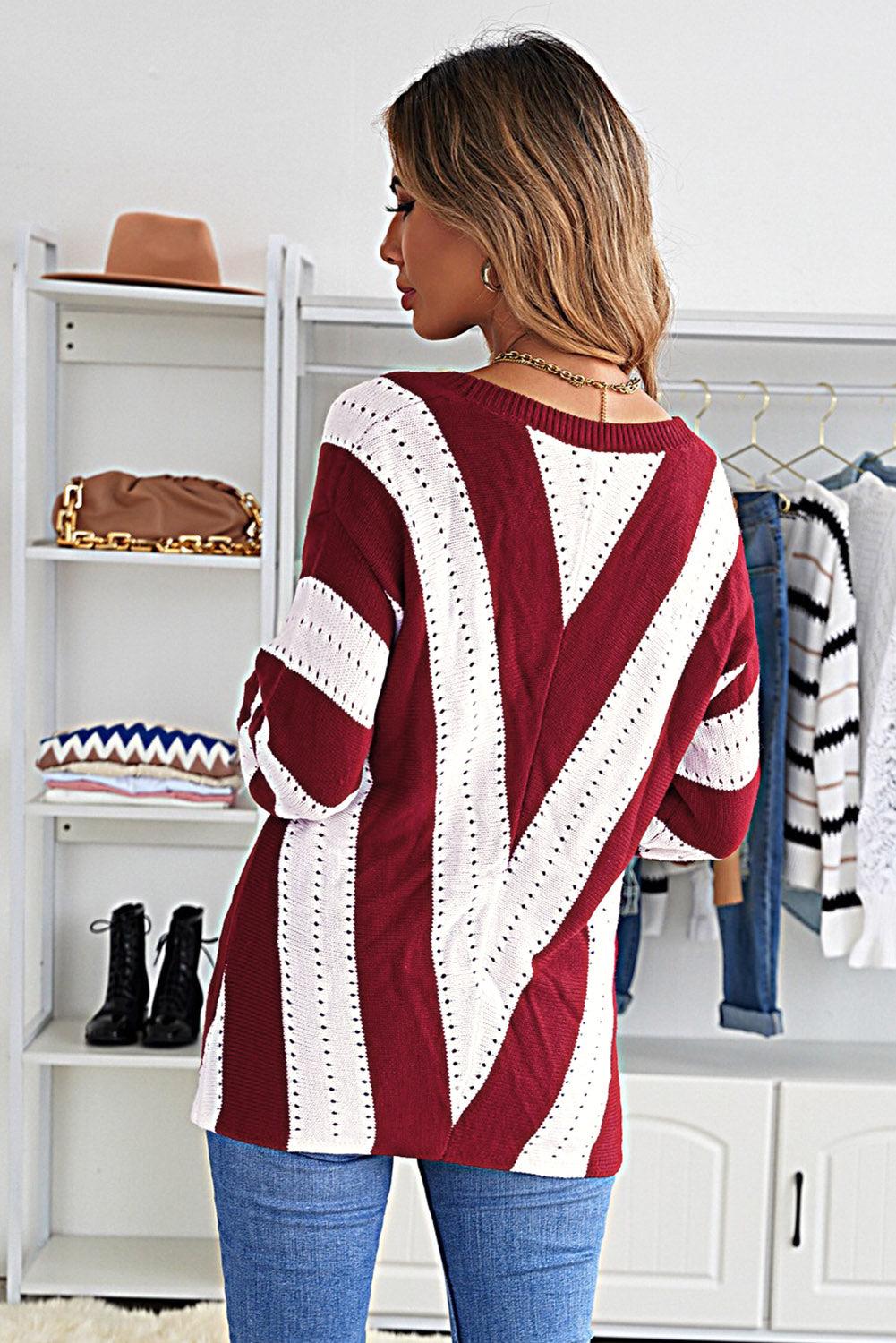 Striped Colorblock V Neck Knitted Sweater