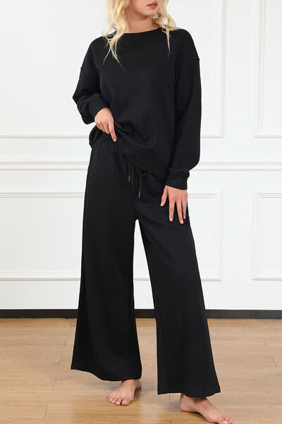 Double Take Full Size Textured Long Sleeve Top and Drawstring Pants Set