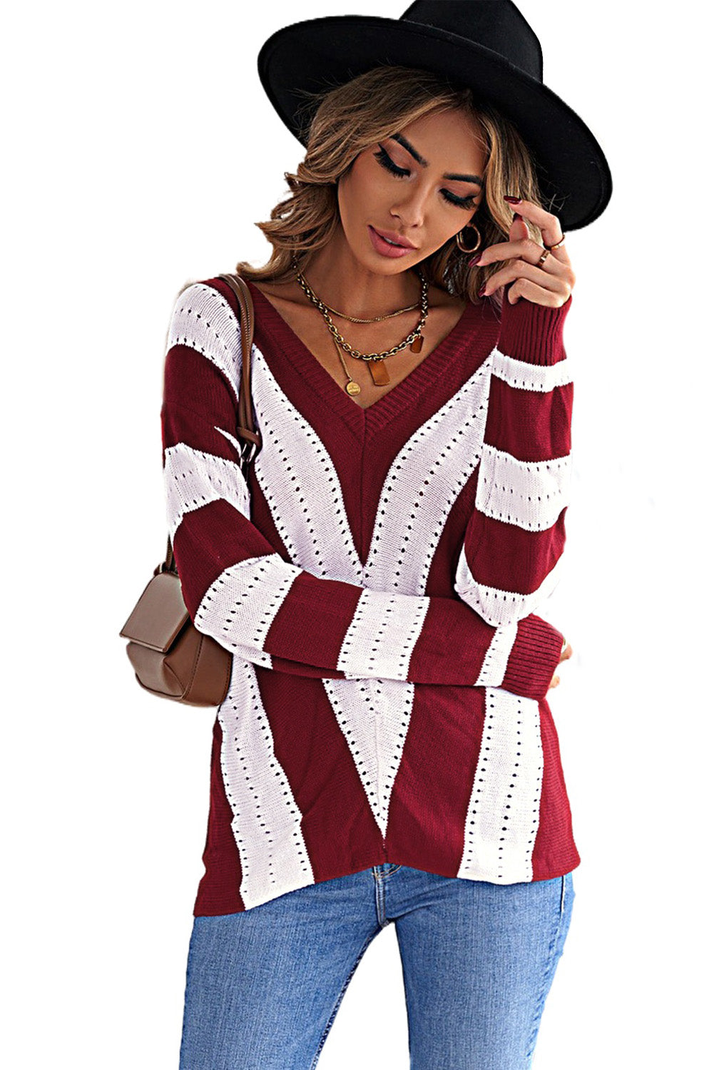 Striped Colorblock V Neck Knitted Sweater