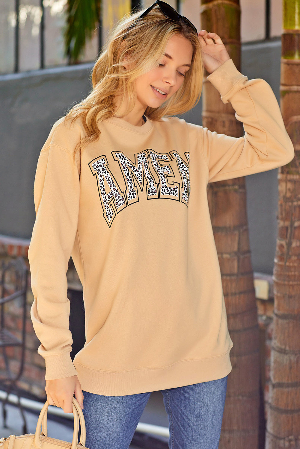 Khaki Amen Leopard Letter Print Oversized Pullover Sweatshirt