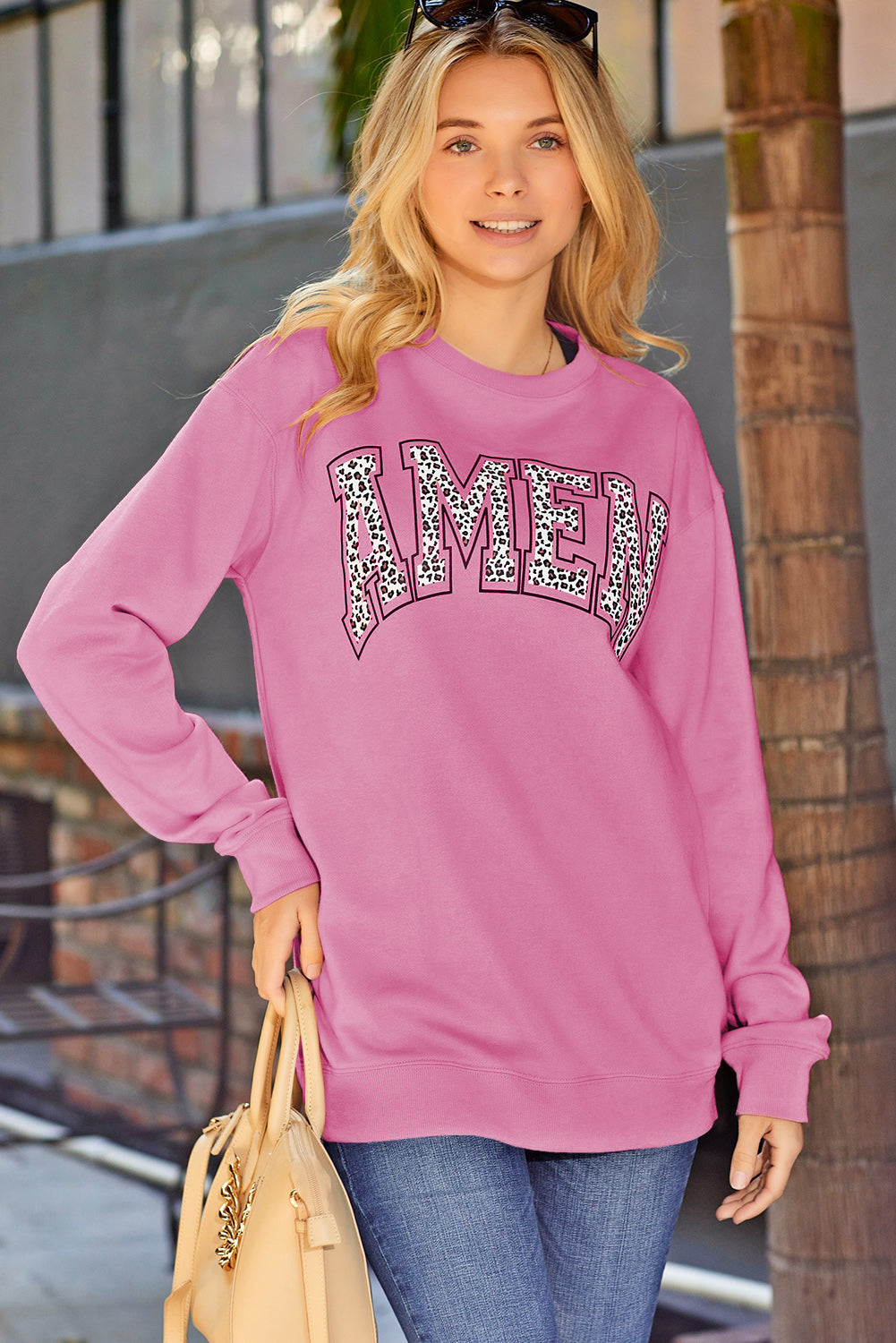 Khaki Amen Leopard Letter Print Oversized Pullover Sweatshirt