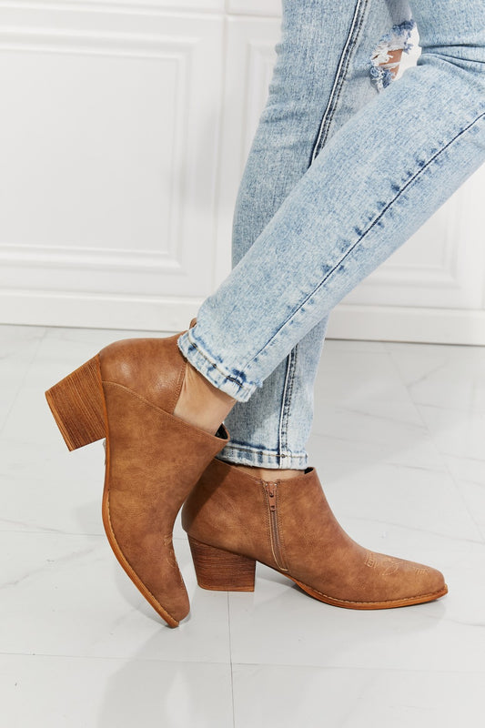 MMShoes Trust Yourself Embroidered Crossover Cowboy Bootie in Caramel