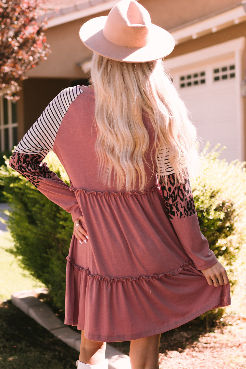 Mixed Print Frill Trim  Long Sleeve Dress