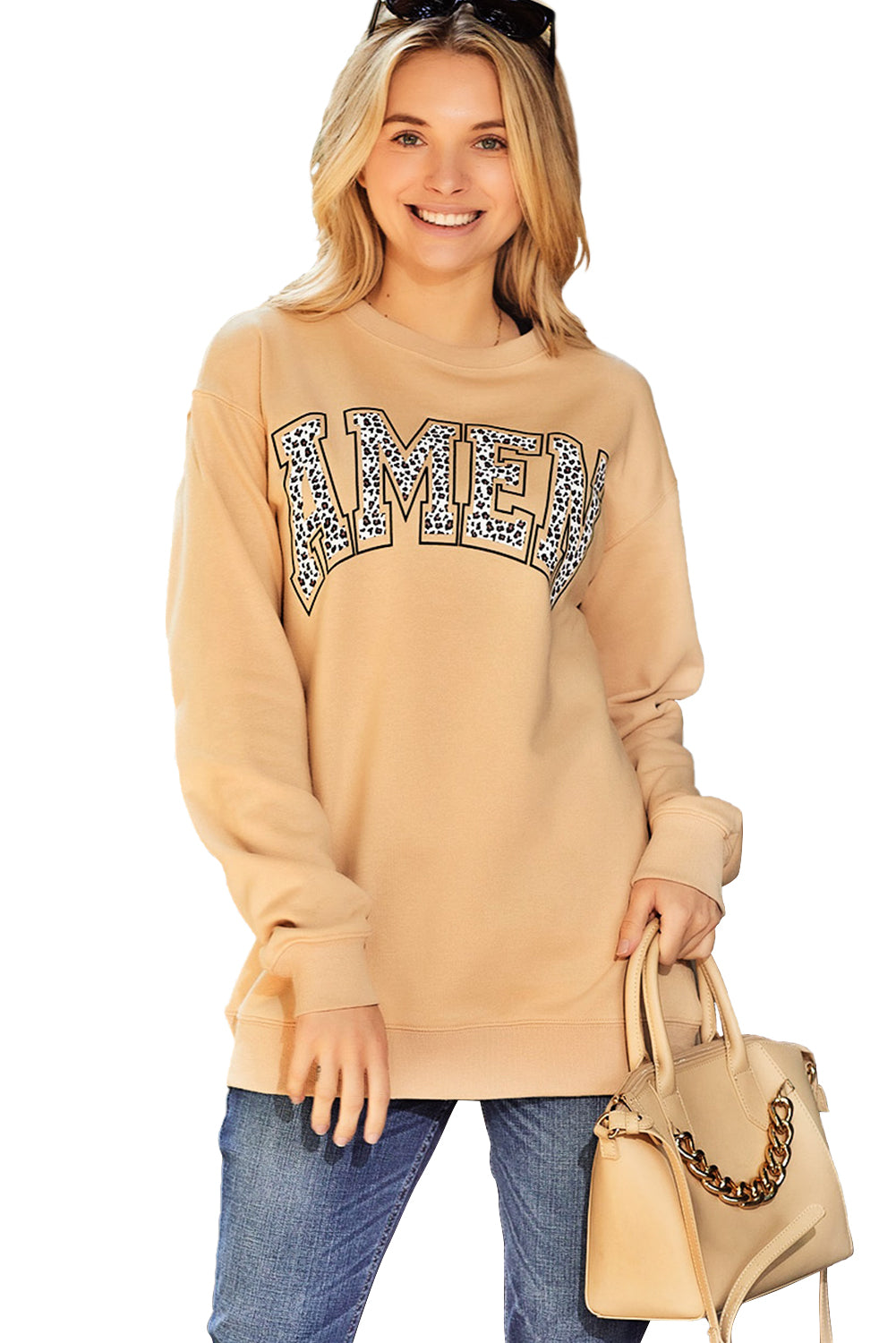 Khaki Amen Leopard Letter Print Oversized Pullover Sweatshirt