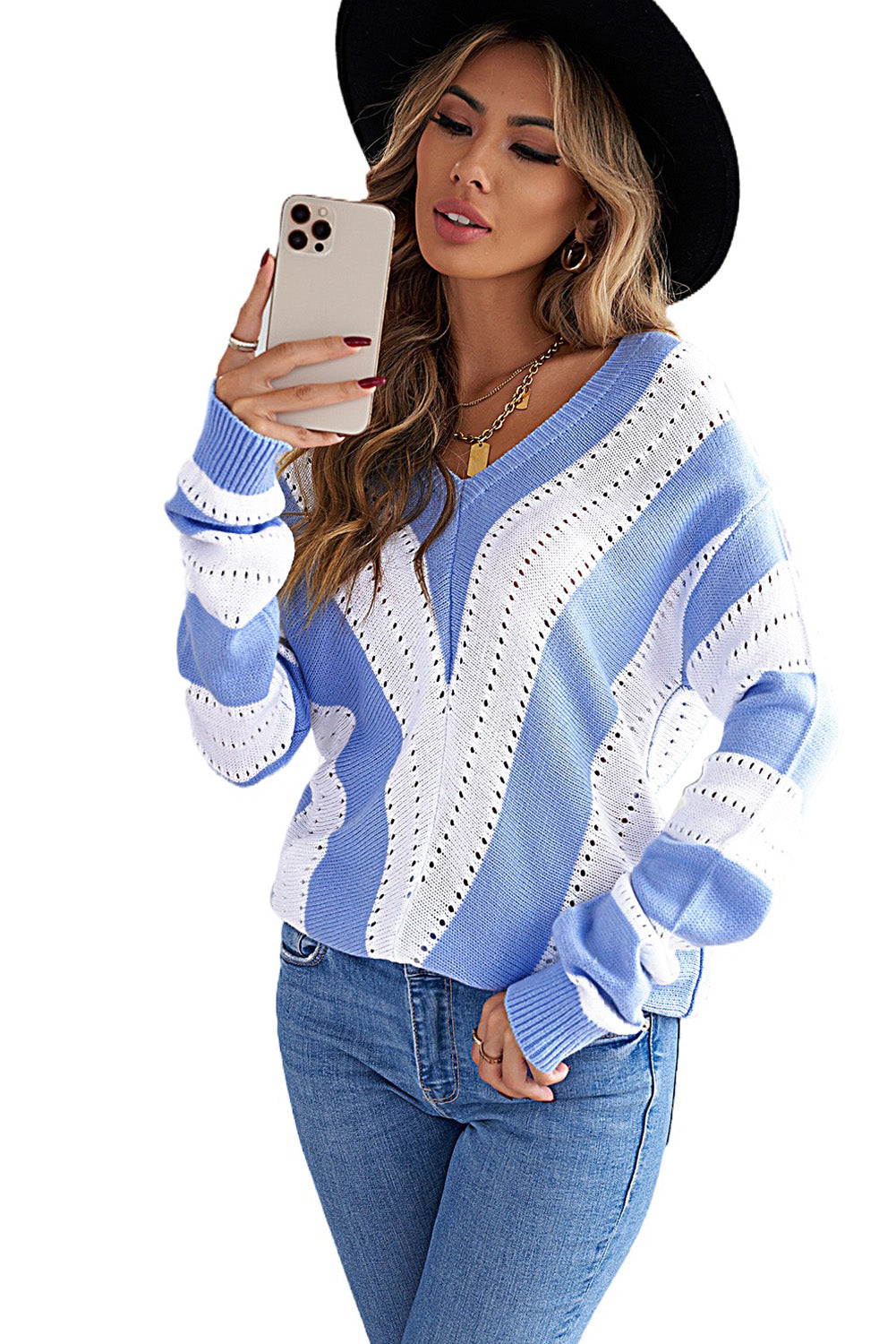 Striped Colorblock V Neck Knitted Sweater