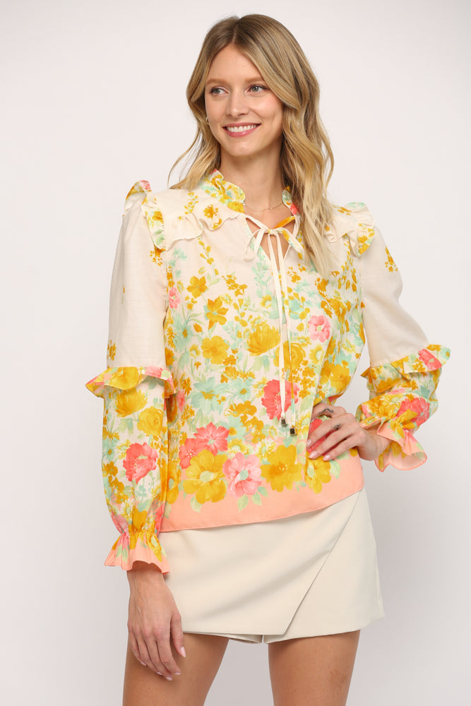 Fate by LFD Ombre Floral Print Split Neck Ruffle Detail Blouse