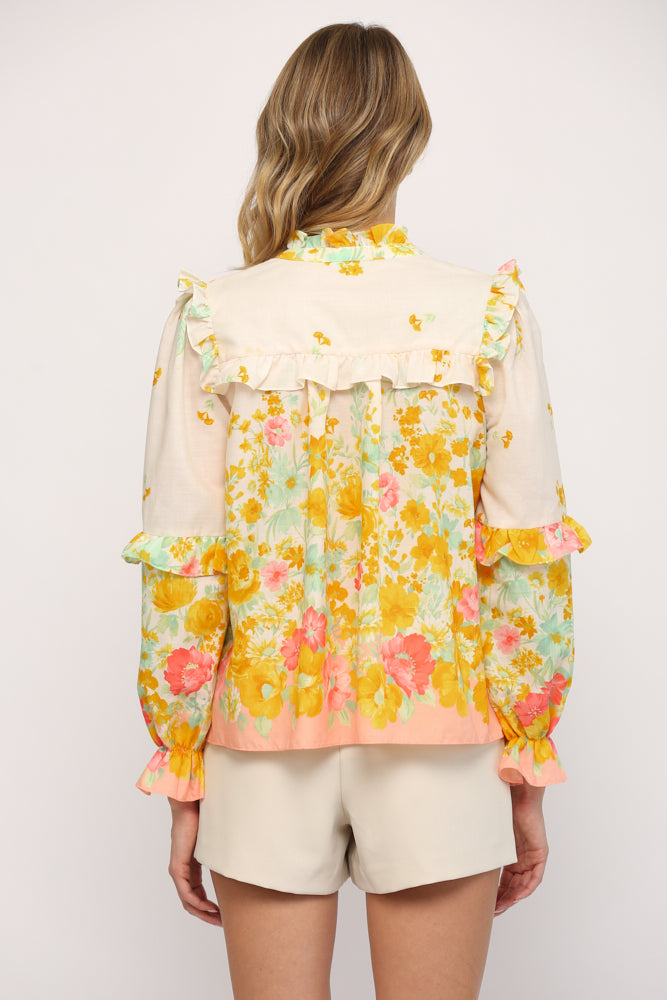 Fate by LFD Ombre Floral Print Split Neck Ruffle Detail Blouse