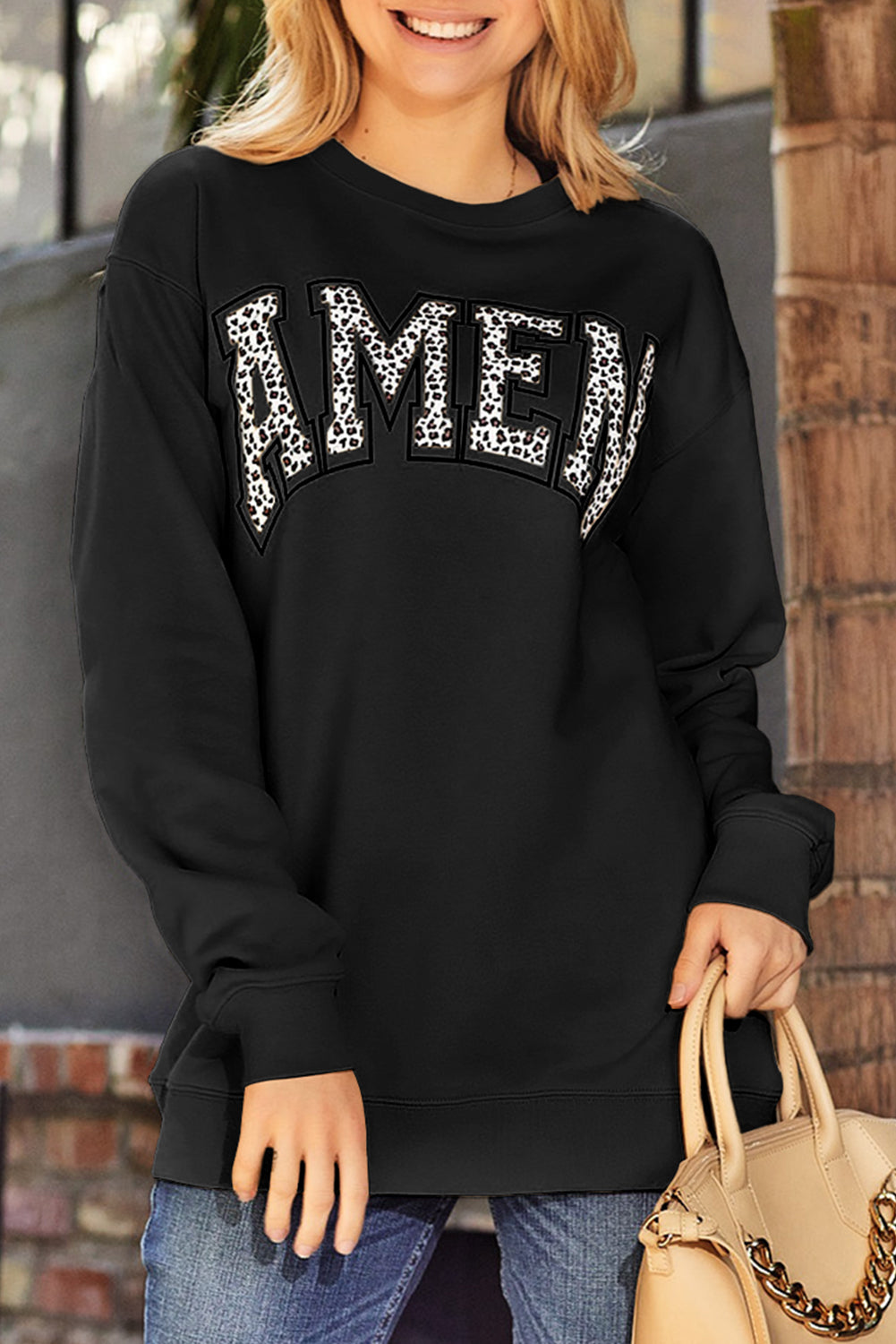 Khaki Amen Leopard Letter Print Oversized Pullover Sweatshirt