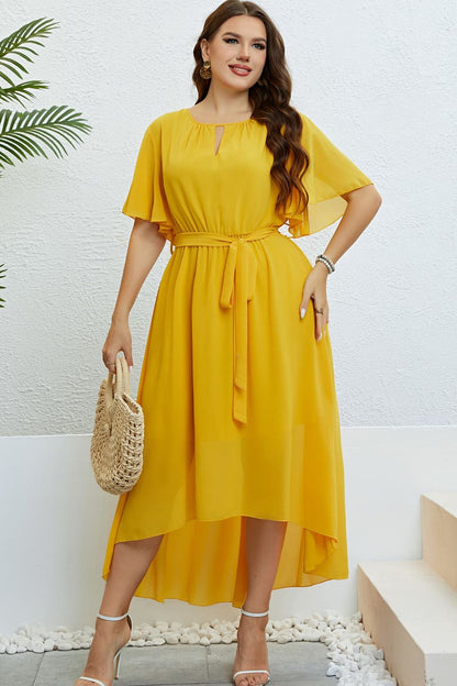 "Belted Flutter Sleeve High-Low Dress - Front View"  "Elegant High-Low Dress with Flutter Sleeves"   "Women's Fashion - Belted Dress"