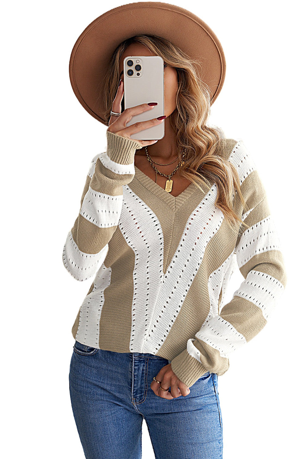 Striped Colorblock V Neck Knitted Sweater