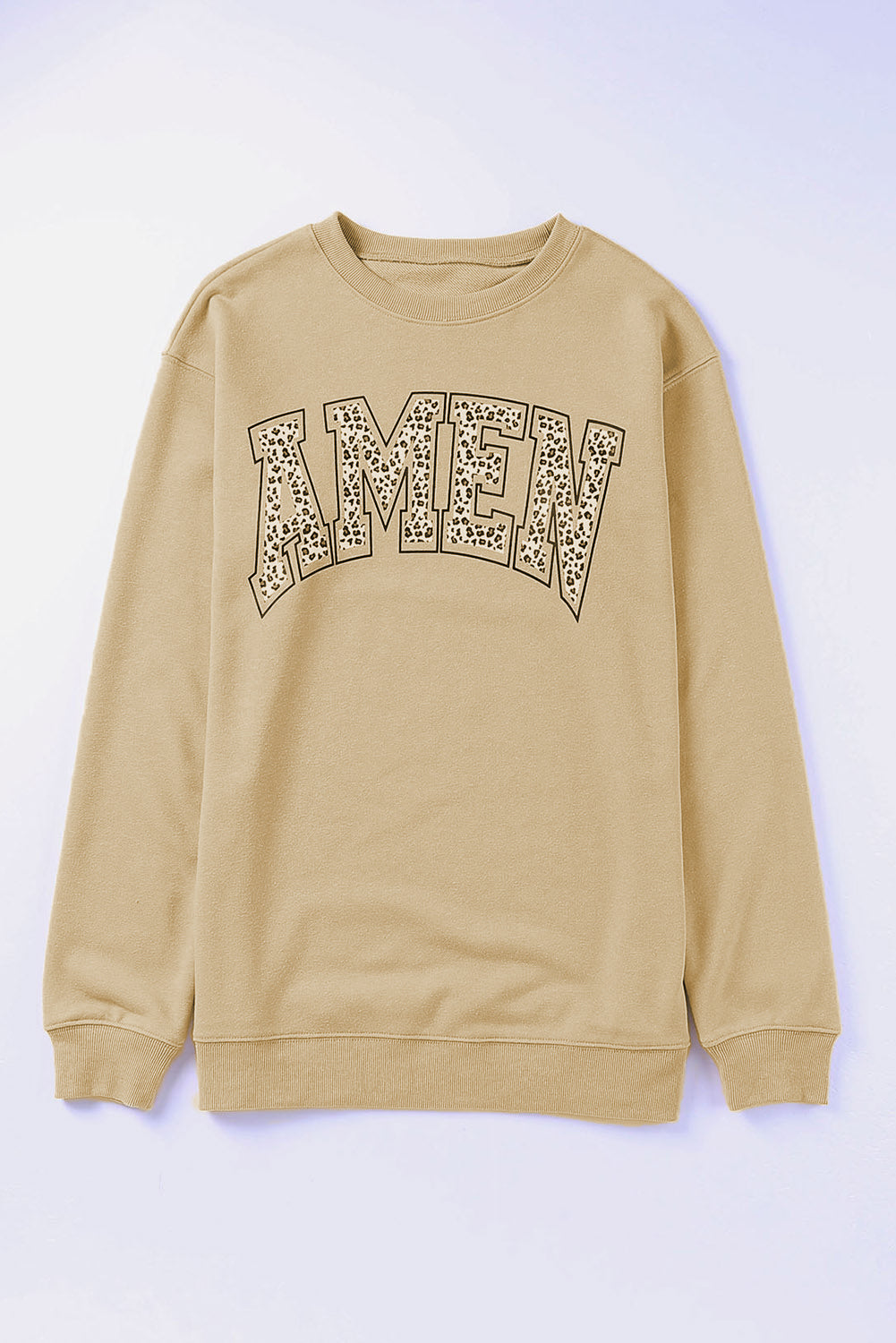 Khaki Amen Leopard Letter Print Oversized Pullover Sweatshirt