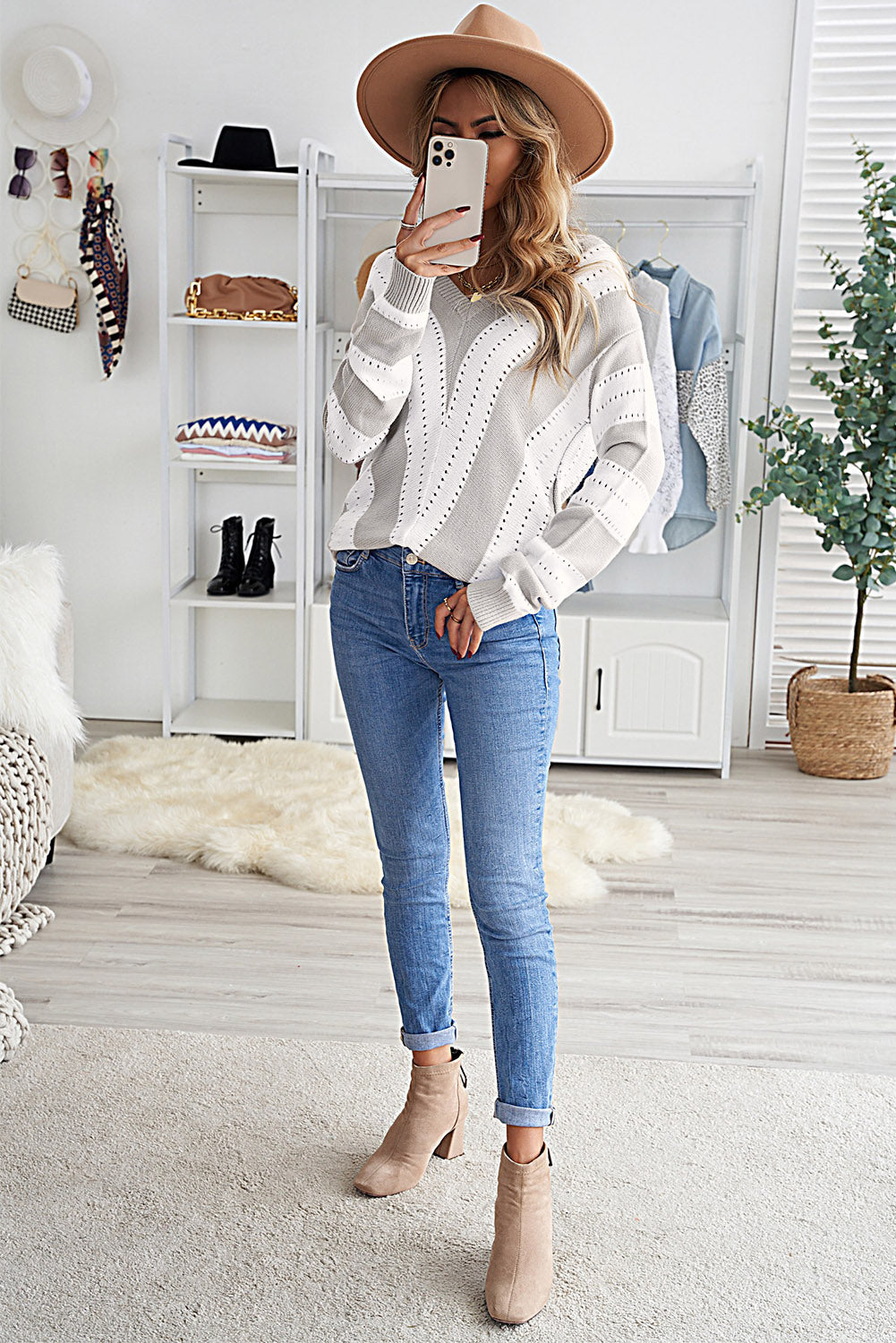 Striped Colorblock V Neck Knitted Sweater