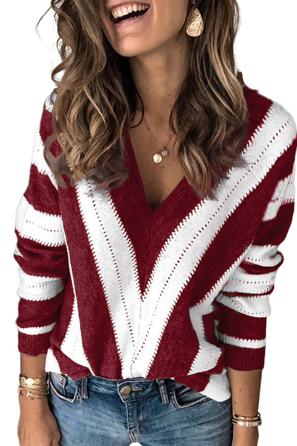 Striped Colorblock V Neck Knitted Sweater