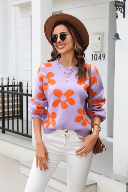 Floral Print Round Neck Dropped Shoulder Pullover Sweater