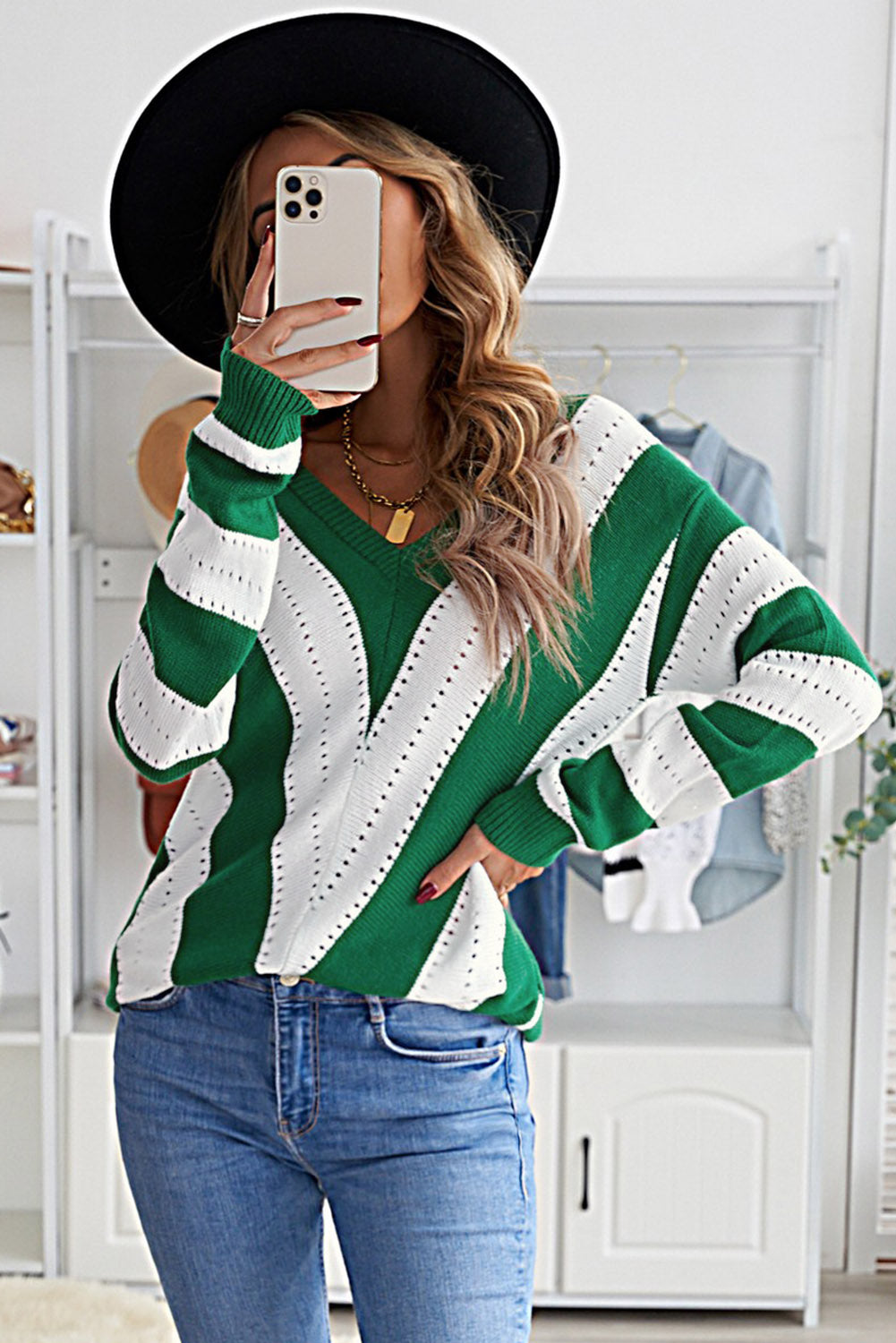 Striped Colorblock V Neck Knitted Sweater