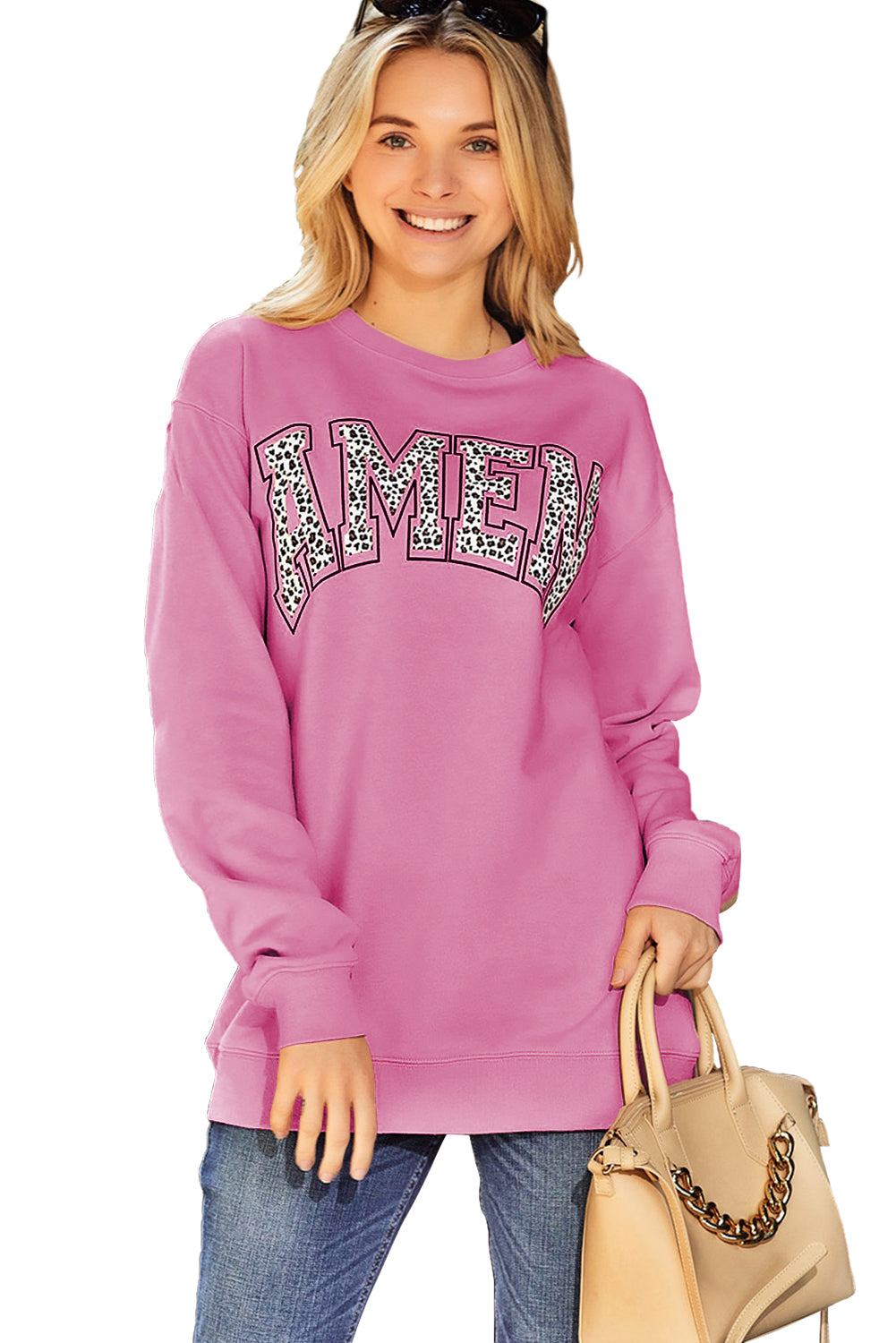 Khaki Amen Leopard Letter Print Oversized Pullover Sweatshirt