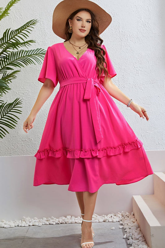 Belted Frill Trim Flutter Sleeve Dress [favorgrace]