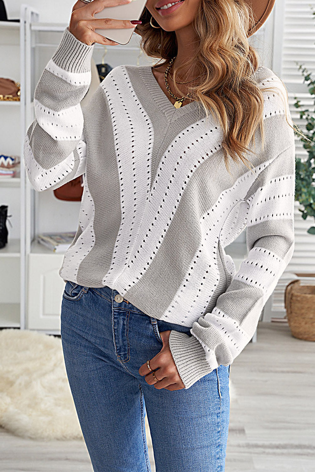 Striped Colorblock V Neck Knitted Sweater