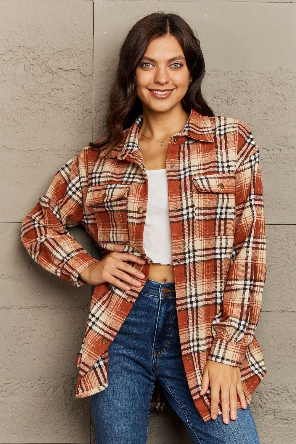 Ninexis Full Size Plaid Collared Neck Button-Down Long Sleeve Jacket