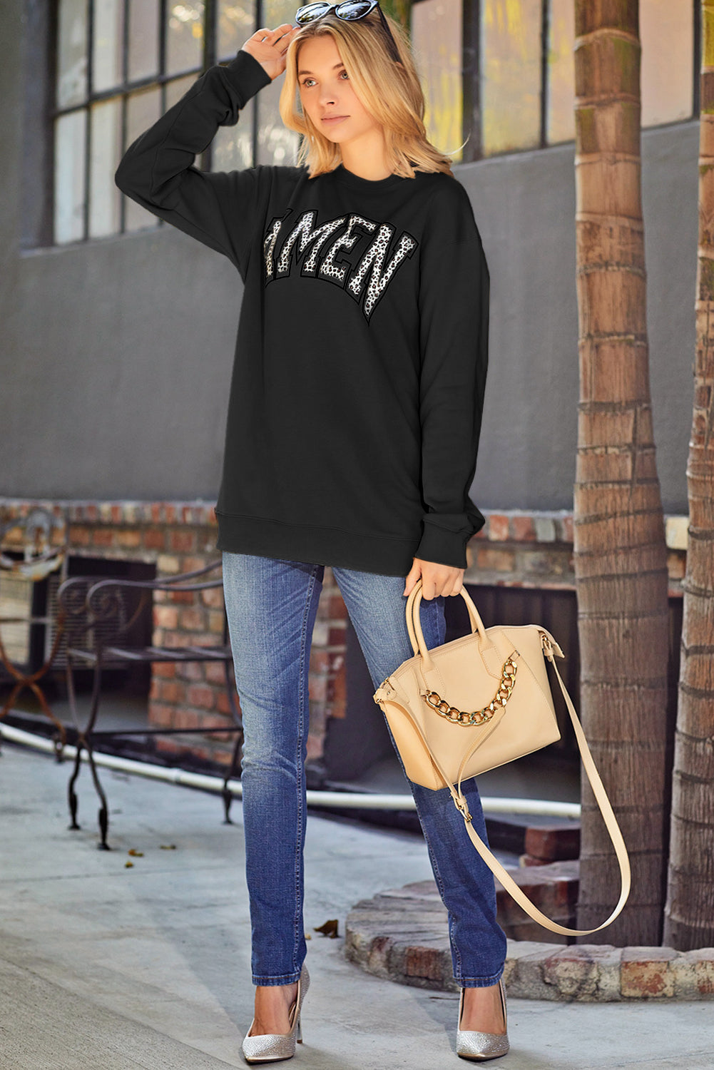 Khaki Amen Leopard Letter Print Oversized Pullover Sweatshirt