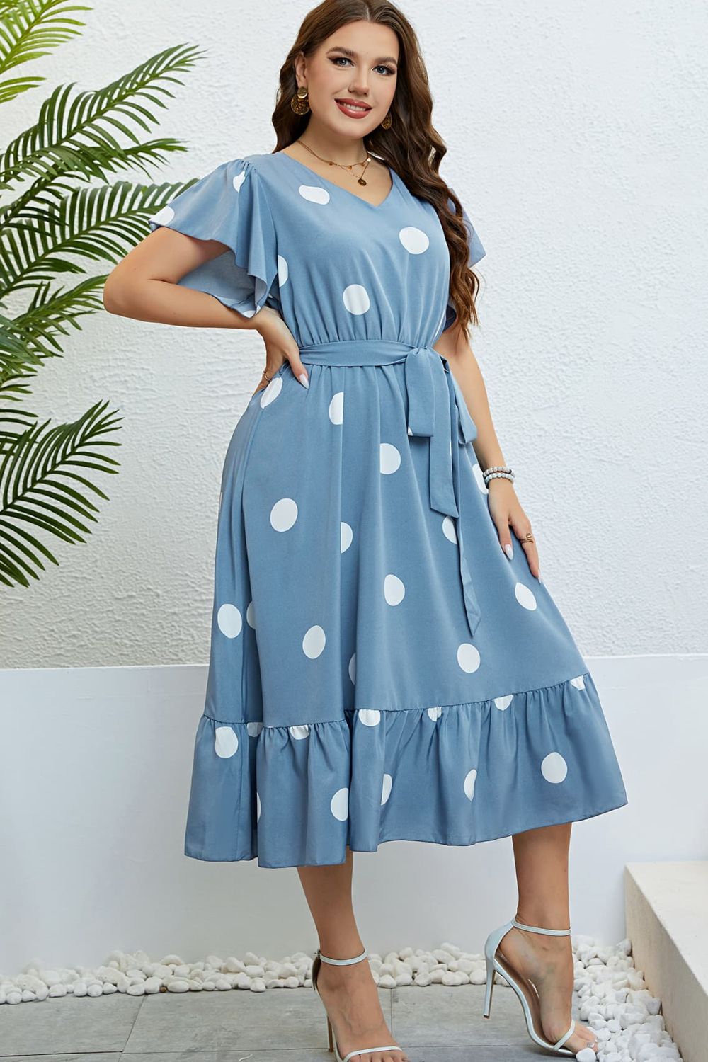 Polka Dot Belted Flutter Sleeve Ruffle Hem Dress