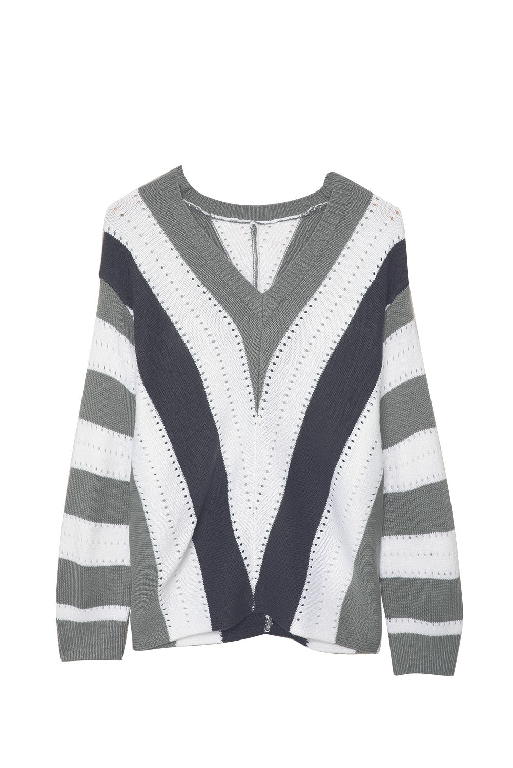 Striped Colorblock V Neck Knitted Sweater